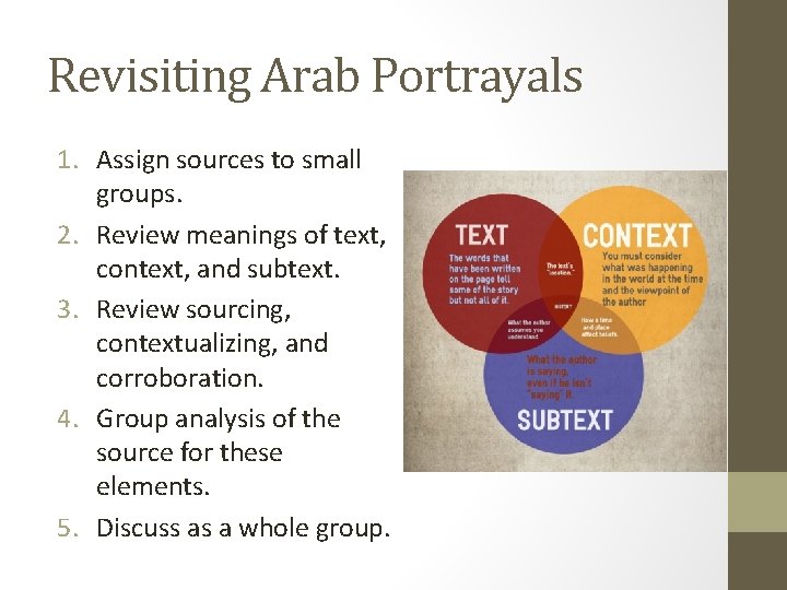 Revisiting Arab Portrayals 1. Assign sources to small groups. 2. Review meanings of text, Revisiting Arab Portrayals 1. Assign sources to small groups. 2. Review meanings of text,