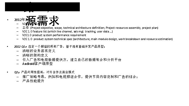 • �路�,� 源需求 2012年 1月: – – – • 2012 Q 1:选定一个频道的所有广告,基于现有基础开发产品原型; – • �路�,� 源需求 2012年 1月: – – – • 2012 Q 1:选定一个频道的所有广告,基于现有基础开发产品原型; –