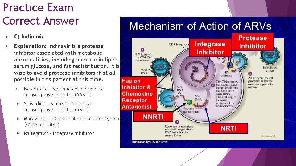 Practice Exam Correct Answer ▶ C) Indinavir ▶ Explanation: Indinavir is a protease inhibitor Practice Exam Correct Answer ▶ C) Indinavir ▶ Explanation: Indinavir is a protease inhibitor