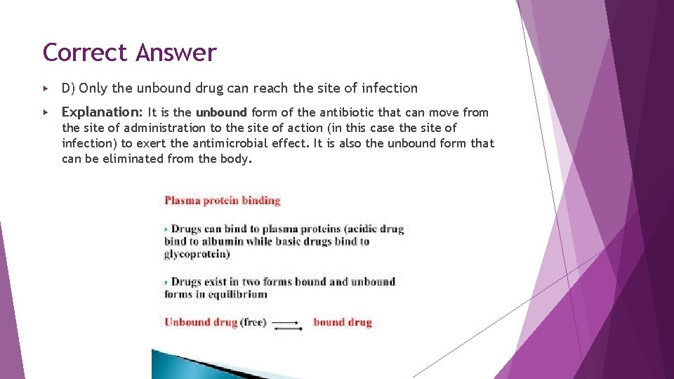 Correct Answer ▶ D) Only the unbound drug can reach the site of infection Correct Answer ▶ D) Only the unbound drug can reach the site of infection