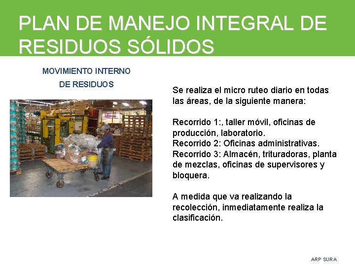 PLAN DE MANEJO INTEGRAL DE RESIDUOS SÓLIDOS MOVIMIENTO INTERNO DE RESIDUOS Se realiza el