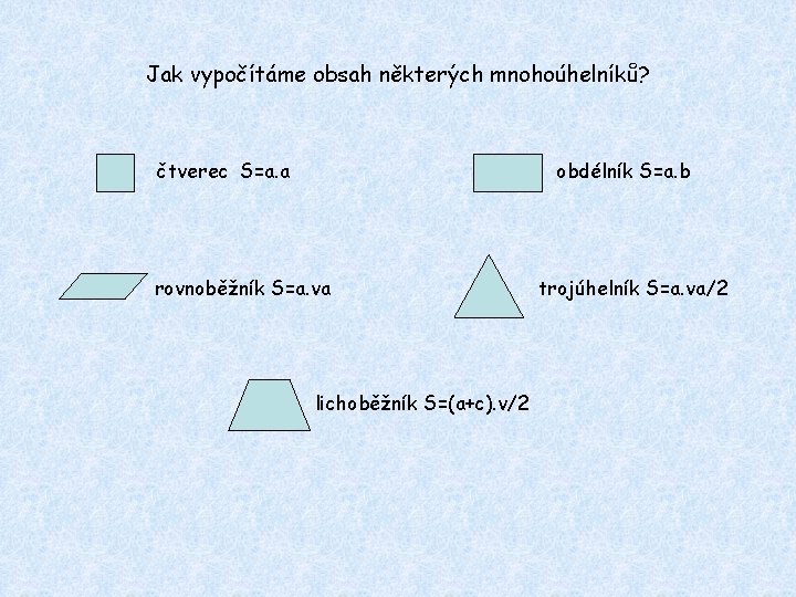 Jak vypočítáme obsah některých mnohoúhelníků? čtverec S=a. a obdélník S=a. b rovnoběžník S=a. va