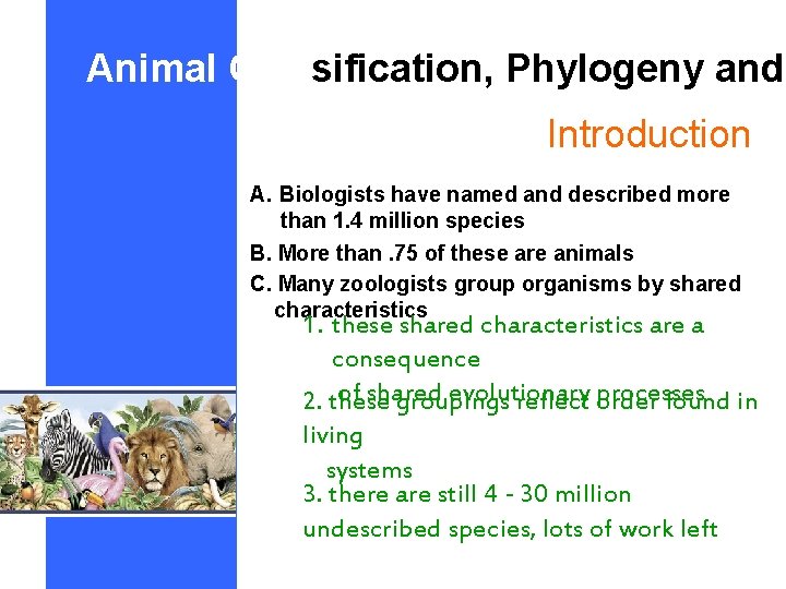 Animal Classification, Phylogeny and Introduction A. Biologists have named and described more than 1.