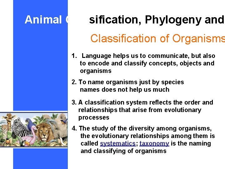 Animal Classification, Phylogeny and Classification of Organisms 1. Language helps us to communicate, but