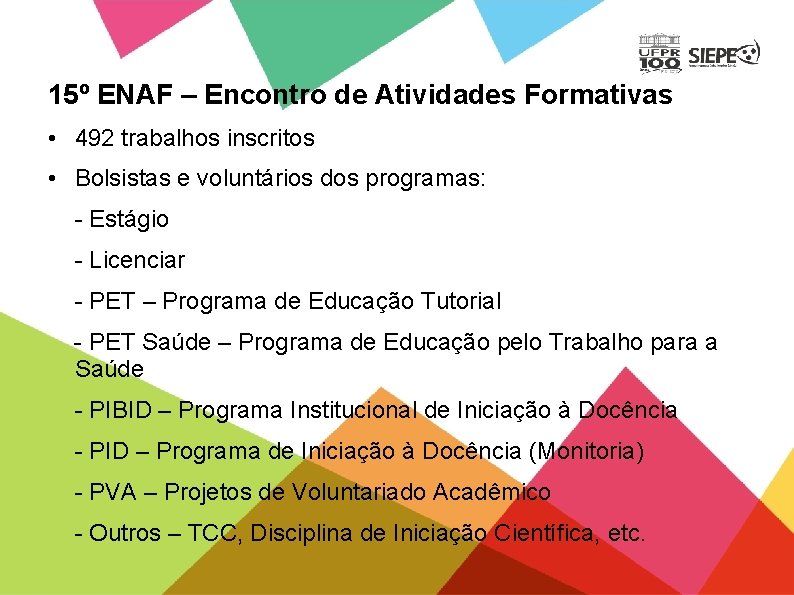 15º ENAF – Encontro de Atividades Formativas • 492 trabalhos inscritos • Bolsistas e