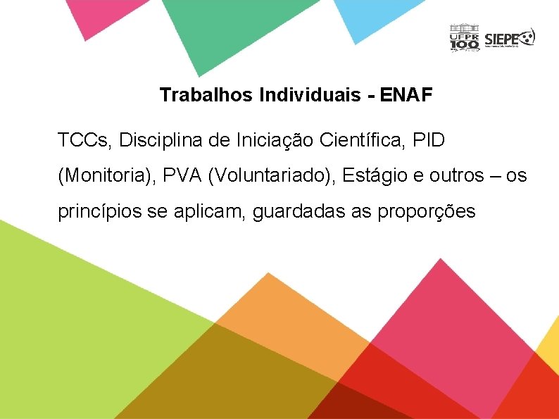 Trabalhos Individuais - ENAF TCCs, Disciplina de Iniciação Científica, PID (Monitoria), PVA (Voluntariado), Estágio