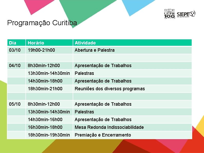 Programação Curitiba Dia Horário Atividade 03/10 19 h 00 -21 h 00 Abertura e