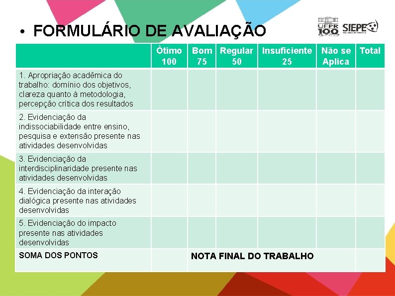  • FORMULÁRIO DE AVALIAÇÃO Òtimo 100 Bom Regular Insuficiente 75 50 25 1.