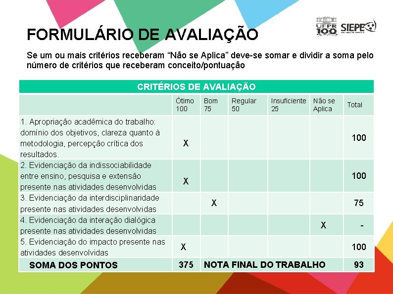 FORMULÁRIO DE AVALIAÇÃO Se um ou mais critérios receberam “Não se Aplica” deve-se somar