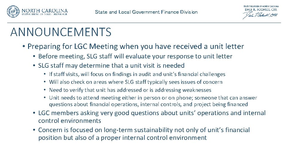 State and Local Government Finance Division ANNOUNCEMENTS • Preparing for LGC Meeting when you State and Local Government Finance Division ANNOUNCEMENTS • Preparing for LGC Meeting when you