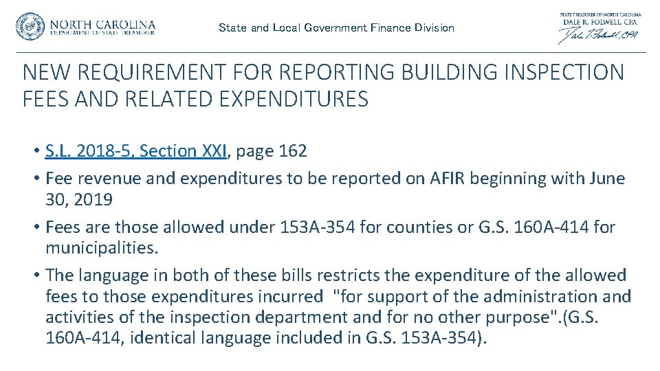 State and Local Government Finance Division NEW REQUIREMENT FOR REPORTING BUILDING INSPECTION FEES AND State and Local Government Finance Division NEW REQUIREMENT FOR REPORTING BUILDING INSPECTION FEES AND