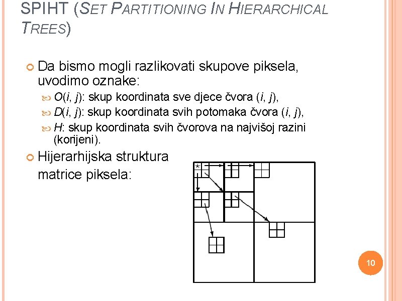 SPIHT (SET PARTITIONING IN HIERARCHICAL TREES) Da bismo mogli razlikovati skupove piksela, uvodimo oznake: