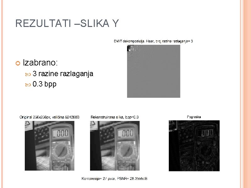 REZULTATI –SLIKA Y Izabrano: 3 razine razlaganja 0. 3 bpp 14 