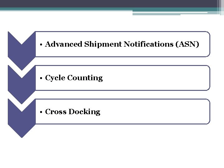 • Advanced Shipment Notifications (ASN) • Cycle Counting • Cross Docking • Advanced Shipment Notifications (ASN) • Cycle Counting • Cross Docking
