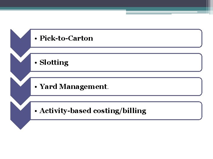 • Pick-to-Carton • Slotting • Yard Management. • Activity-based costing/billing • Pick-to-Carton • Slotting • Yard Management. • Activity-based costing/billing