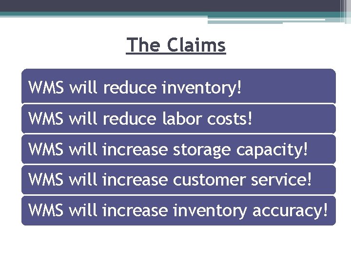 The Claims WMS will reduce inventory! WMS will reduce labor costs! WMS will increase The Claims WMS will reduce inventory! WMS will reduce labor costs! WMS will increase