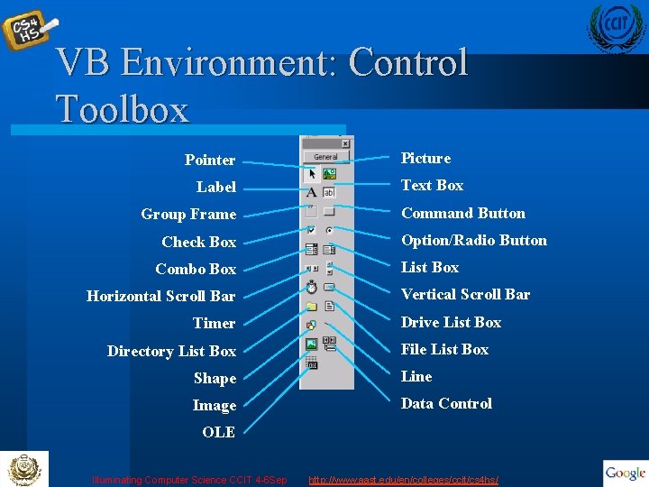 VB Environment: Control Toolbox Pointer Label Group Frame Check Box Combo Box Horizontal Scroll