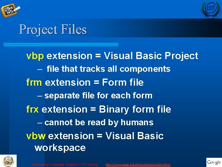 Project Files vbp extension = Visual Basic Project – file that tracks all components