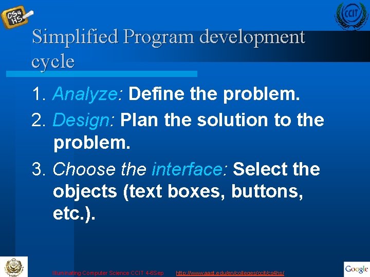 Simplified Program development cycle 1. Analyze: Define the problem. 2. Design: Plan the solution
