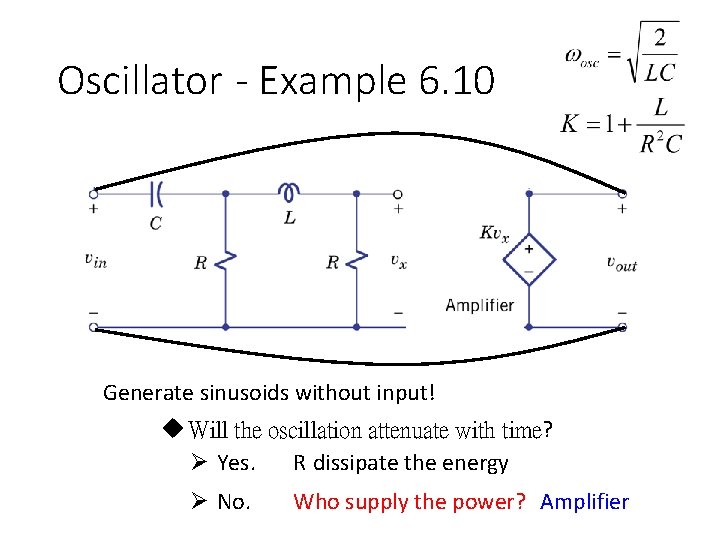 Oscillator - Example 6. 10 Generate sinusoids without input! u Will the oscillation attenuate