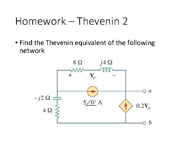 Homework – Thevenin 2 • Find the Thevenin equivalent of the following network 
