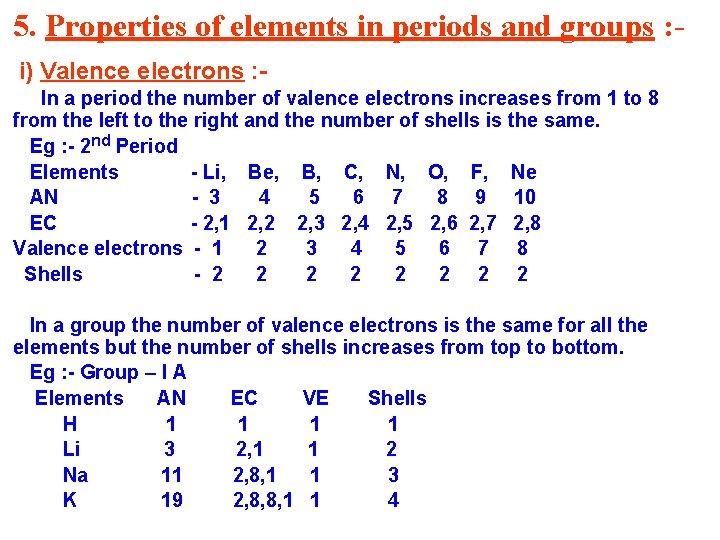 5. Properties of elements in periods and groups : i) Valence electrons : In