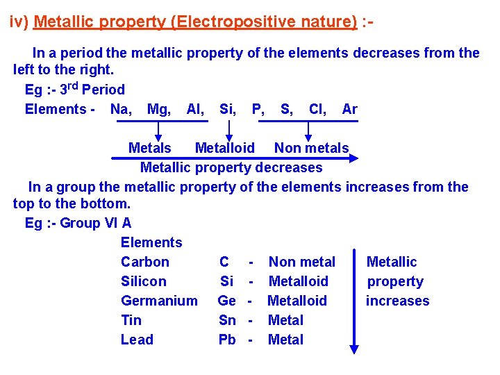 iv) Metallic property (Electropositive nature) : In a period the metallic property of the