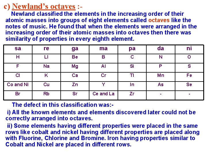 c) Newland’s octaves : - Newland classified the elements in the increasing order of