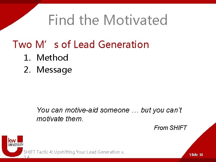 Find the Motivated Two M’s of Lead Generation 1. Method 2. Message You can