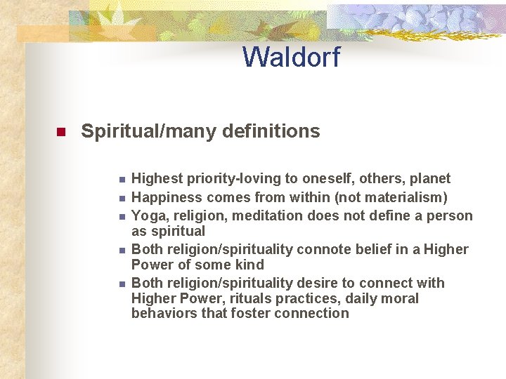 Waldorf n Spiritual/many definitions n n n Highest priority-loving to oneself, others, planet Happiness