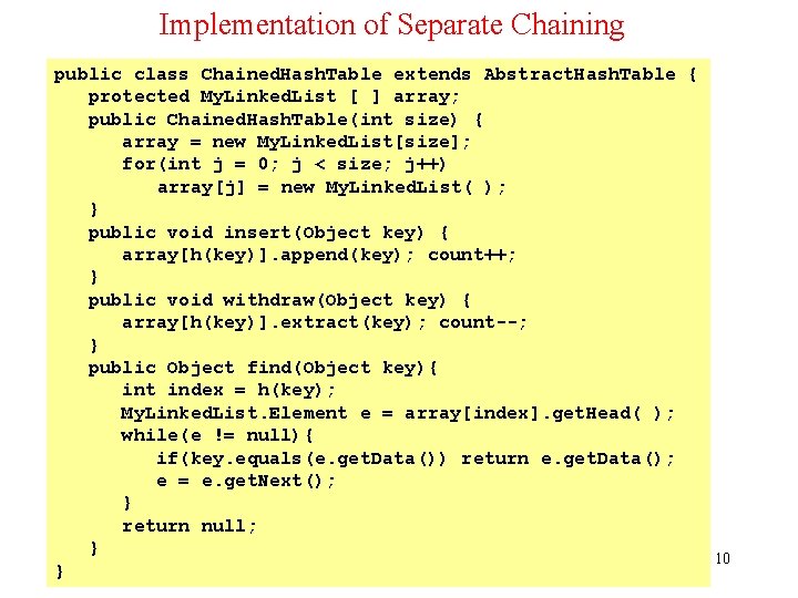Implementation of Separate Chaining public class Chained. Hash. Table extends Abstract. Hash. Table {