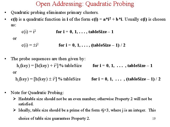 Open Addressing: Quadratic Probing • Quadratic probing eliminates primary clusters. • c(i) is a