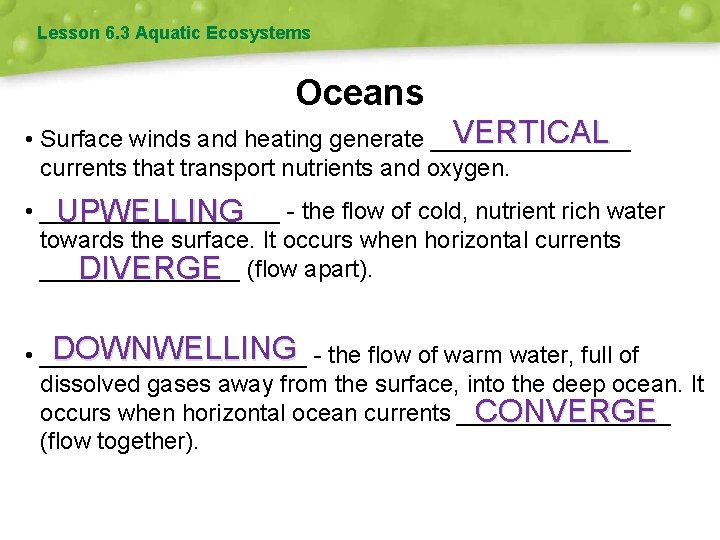 Lesson 6. 3 Aquatic Ecosystems Oceans VERTICAL • Surface winds and heating generate ________
