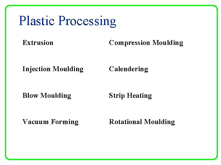Plastic Processing Extrusion Compression Moulding Injection Moulding Calendering Blow Moulding Strip Heating Vacuum Forming