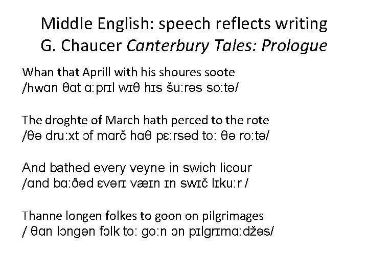 Middle English: speech reflects writing G. Chaucer Canterbury Tales: Prologue Whan that Aprill with