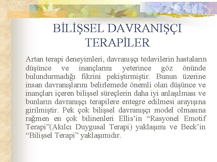 BİLİŞSEL DAVRANIŞÇI TERAPİLER Artan terapi deneyimleri, davranışçı tedavilerin hastaların düşünce ve inançlarını yeterince göz