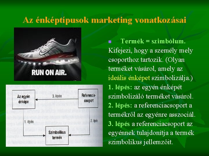 Az énképtípusok marketing vonatkozásai Termék = szimbólum. Kifejezi, hogy a személy mely csoporthoz tartozik.