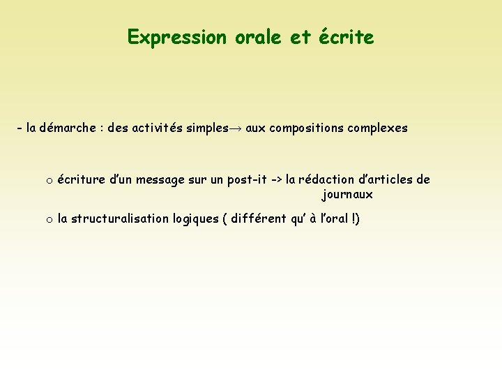 Expression orale et écrite - la démarche : des activités simples→ aux compositions complexes