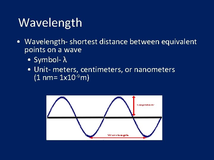 Wavelength • Wavelength- shortest distance between equivalent points on a wave • Symbol- λ