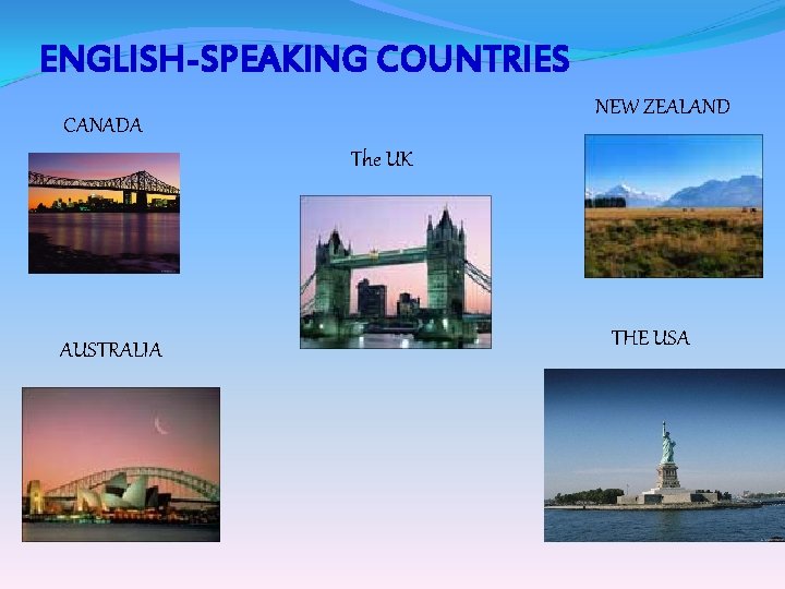 ENGLISH-SPEAKING COUNTRIES NEW ZEALAND CANADA The UK AUSTRALIA THE USA 
