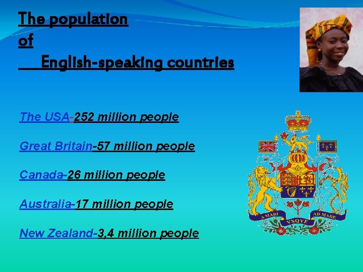 The population of English-speaking countries The USA-252 million people Great Britain-57 million people Canada-26