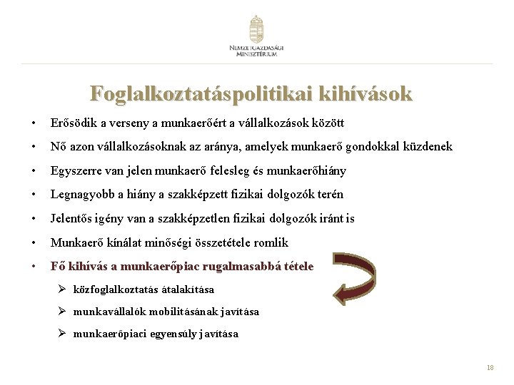 Foglalkoztatáspolitikai kihívások • Erősödik a verseny a munkaerőért a vállalkozások között • Nő azon