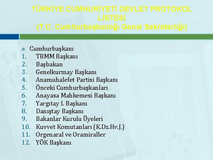 TÜRKİYE CUMHURİYETİ DEVLET PROTOKOL LİSTESİ (T. C. Cumhurbaşkanlığı Genel Sekreterliği) Cumhurbaşkanı 1. TBMM Başkanı