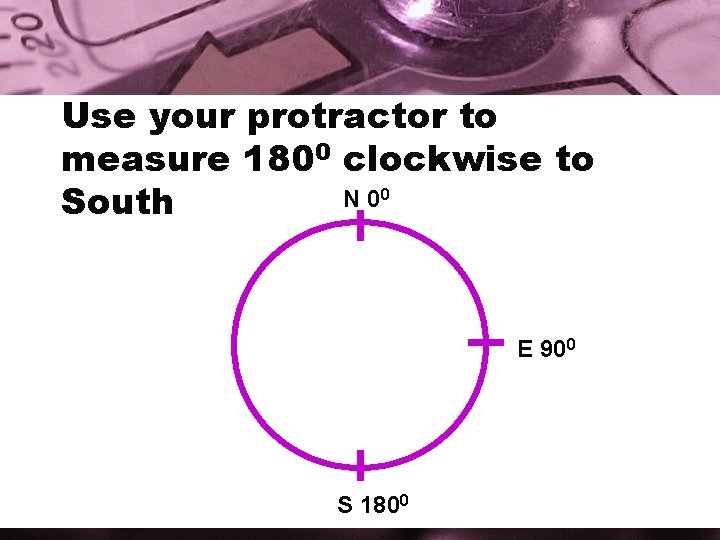 Use your protractor to measure 1800 clockwise to 0 N 0 South E 900