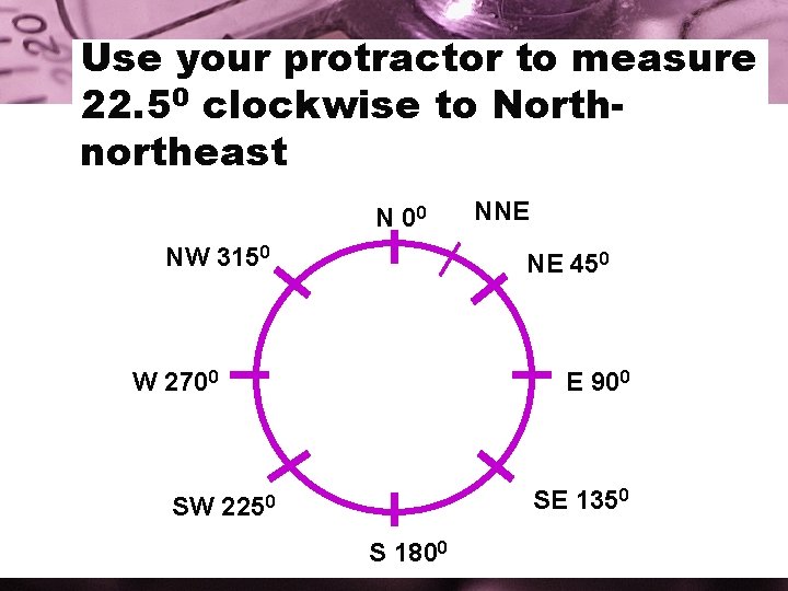Use your protractor to measure 22. 50 clockwise to Northnortheast N 00 NW 3150