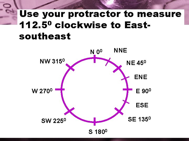 Use your protractor to measure 112. 50 clockwise to Eastsoutheast N 00 NW 3150