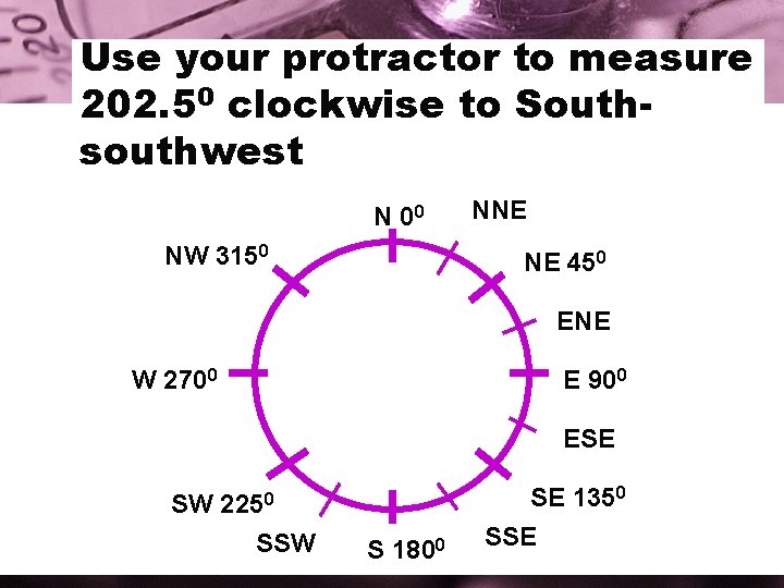 Use your protractor to measure 202. 50 clockwise to Southsouthwest N 00 NW 3150