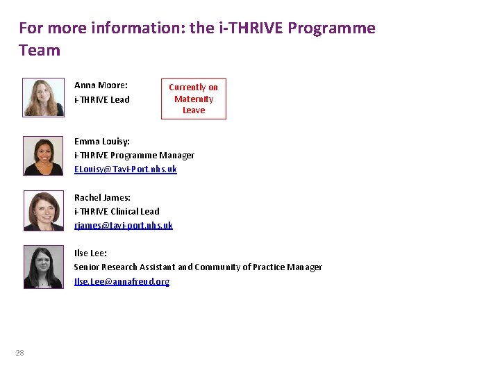 For more information: the i-THRIVE Programme Team Anna Moore: i-THRIVE Lead Currently on Maternity