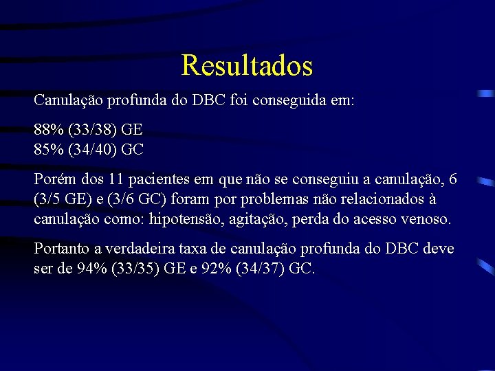 Resultados Canulação profunda do DBC foi conseguida em: 88% (33/38) GE 85% (34/40) GC