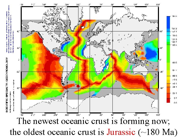 The newest oceanic crust is forming now; the oldest oceanic crust is Jurassic (~180